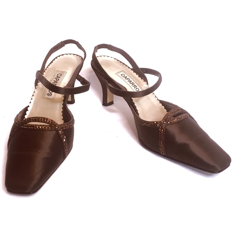 CAPARROS 'ESTELLE' Shoes Slingback Satin Sequins 2.5" Kitten Heel Brown Size 5.5